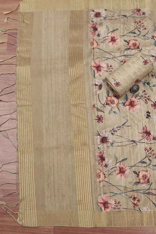 Peach Silk Tussar Handloom Unstitched Suit Set image number 3