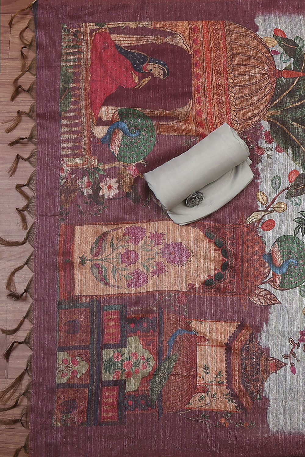 Gray Silk Blend Printed Unstitched Suit Set image number 3