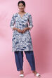 White And Blue Cotton A-Line Kurta Salwar Pant Suit Set