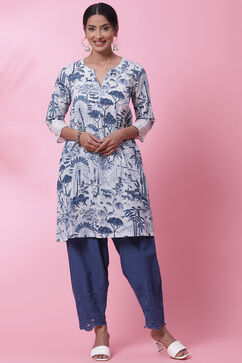 White And Blue Cotton A-Line Kurta Salwar Pant Suit Set image number 0