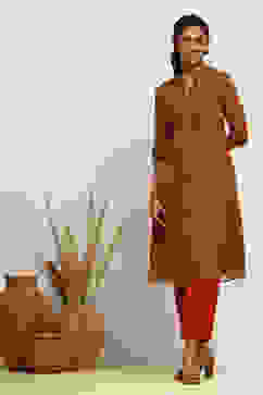 Mustard and Maroon Georgette Printed A-Line Kurta image number 0