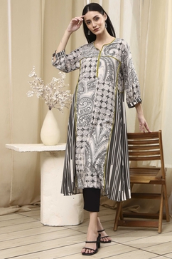 Ivory and Grey Printed Straight Kurta