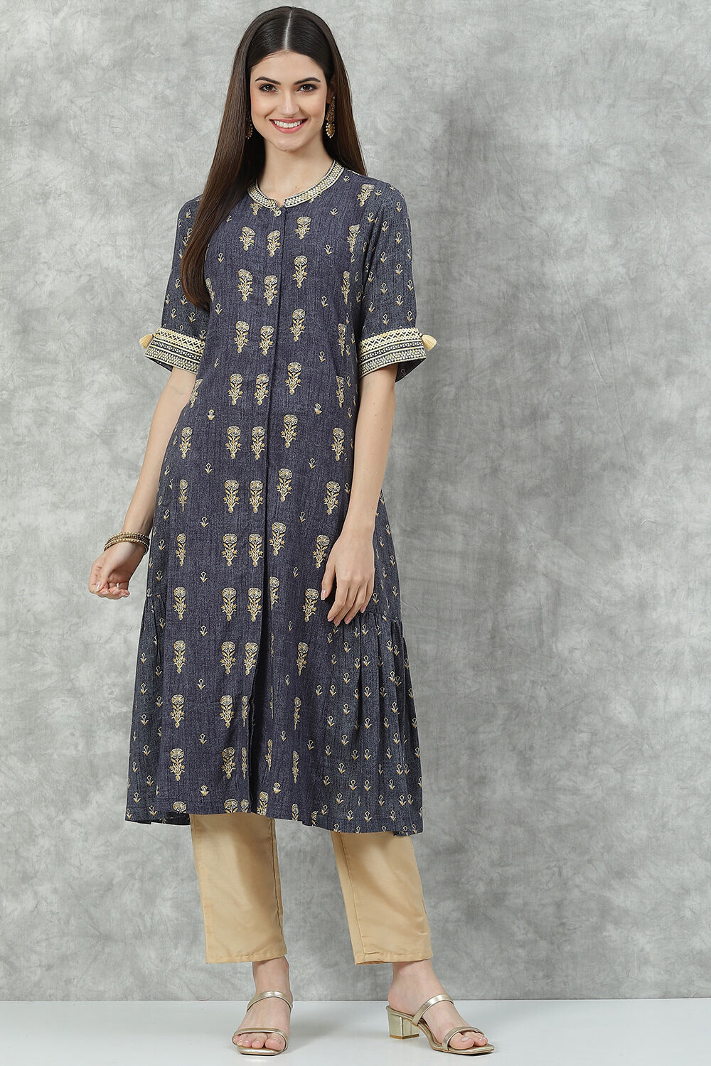 Denim Blue Rayon A-Line Printed Kurta image number 0