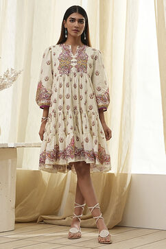 Beige Cotton Printed Tiered Dress image number 5