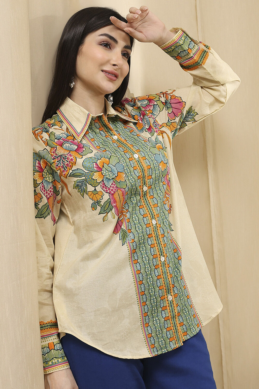 Beige Cotton Floral Printed Shirt image number 0