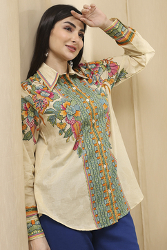 Beige Cotton Floral Printed Shirt