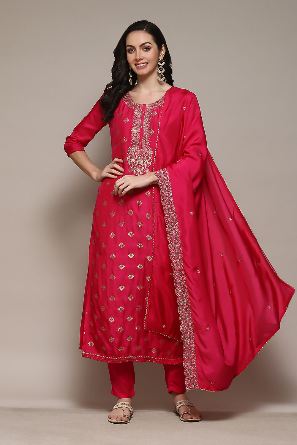Dark Pink Banarasi Silk Machine Embroidered Unstitched Suit Set image number 1