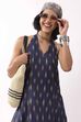 Navy Blue Cotton Abstract A-Line Midi Dress image number 8