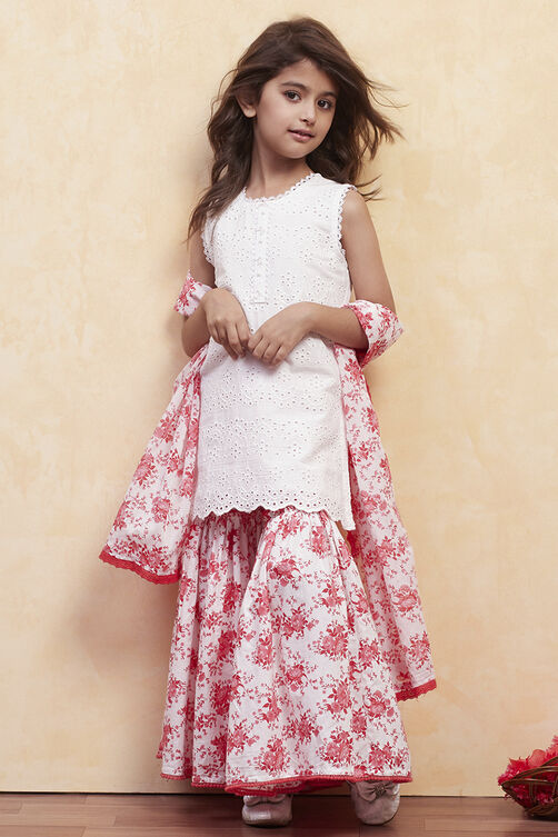 Red and White Cotton Schiffli Straight Suit Set image number 0