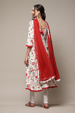 Off White Rayon Anarkali Kurta Churidar Suit Set image number 4