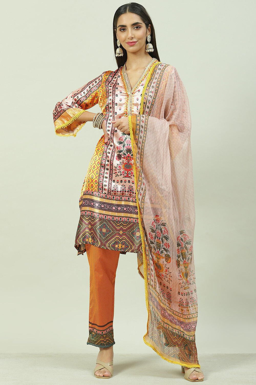 Yellow Silk Blend Straight Kurta Slim Pant Suit Set image number 0