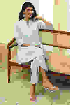 Aqua Cotton Embroidered Straight Kurta Set image number 1