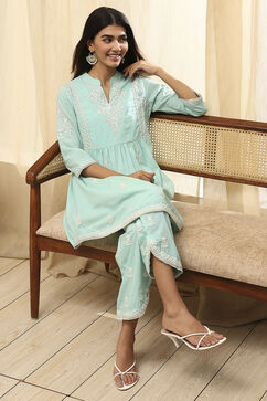 Aqua Cotton Embroidered Straight Kurta Set image number 1