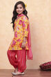 Yellow and Pink Viscose Blend Floral Straight Suit Set image number 3