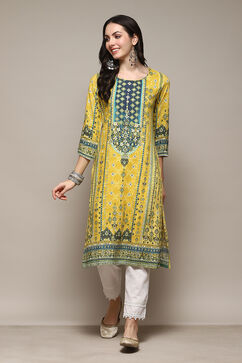 Yellow Printed Straight Kurta image number 5