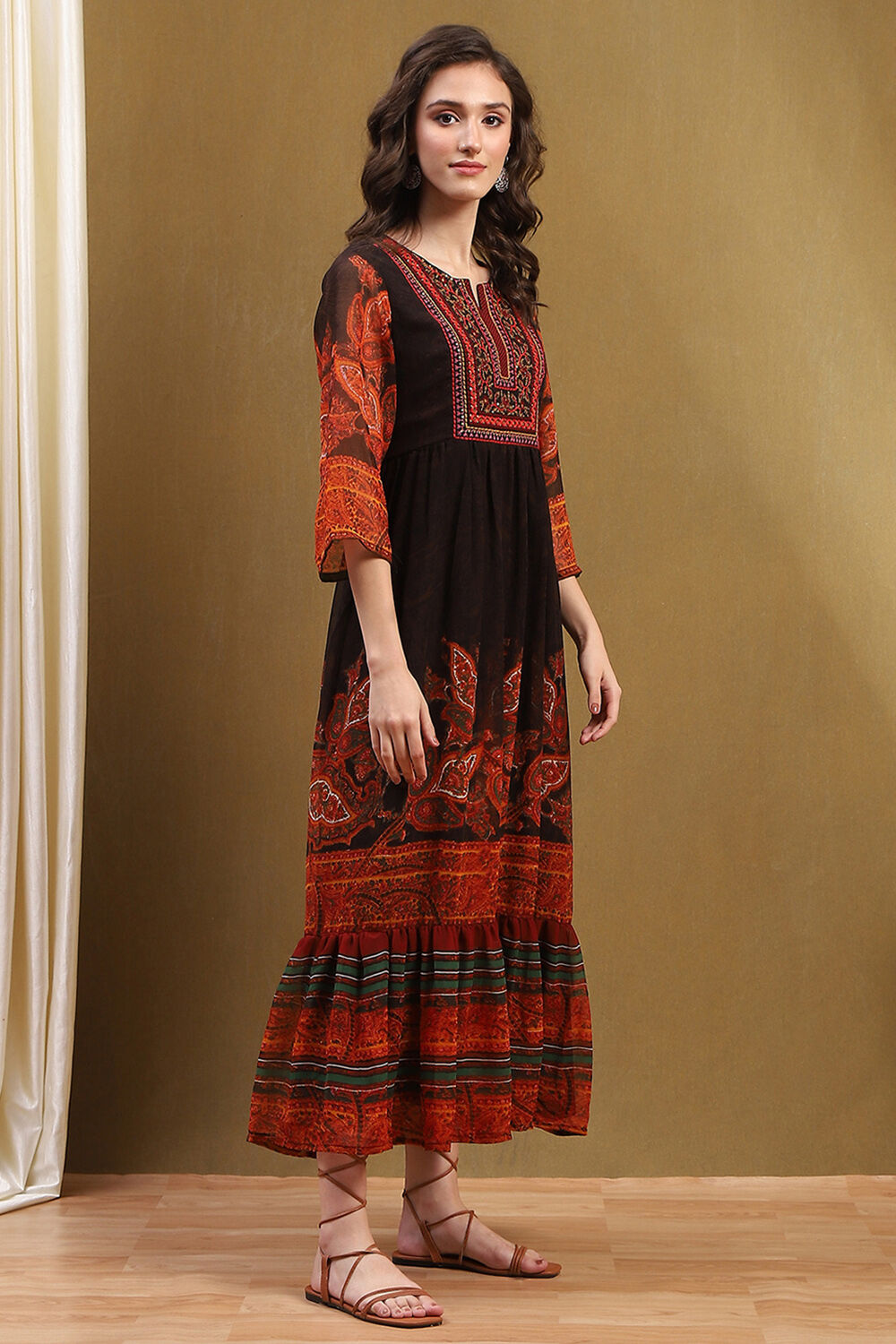 Chocolate Brown Georgette Printed Tiered Dress image number 4