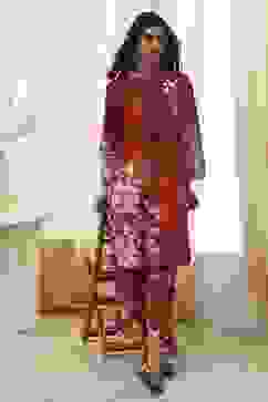 Rust Cotton Floral Straight Kurta Set image number 0