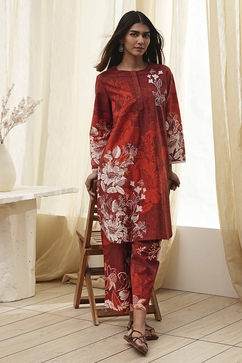 Rust Cotton Floral Straight Kurta Set
