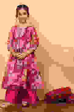 Pink Floral Printed Flared Festive Suit Set image number 5