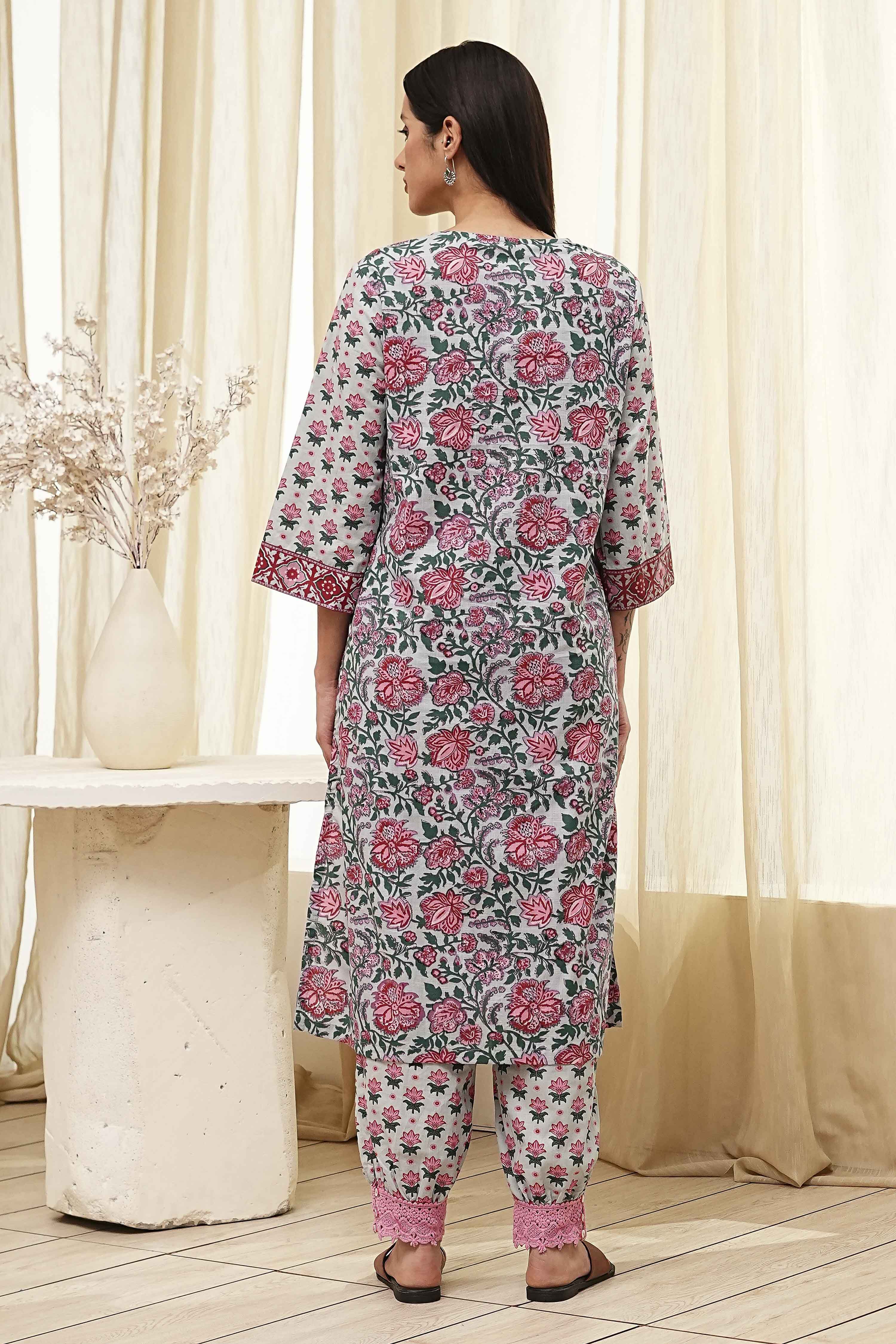 Blue and Pink Cotton Printed Straight Kurta Set image number 4