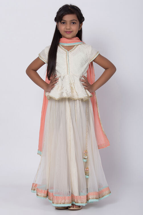 Off White Metallic Print Lehenga Set image number 0