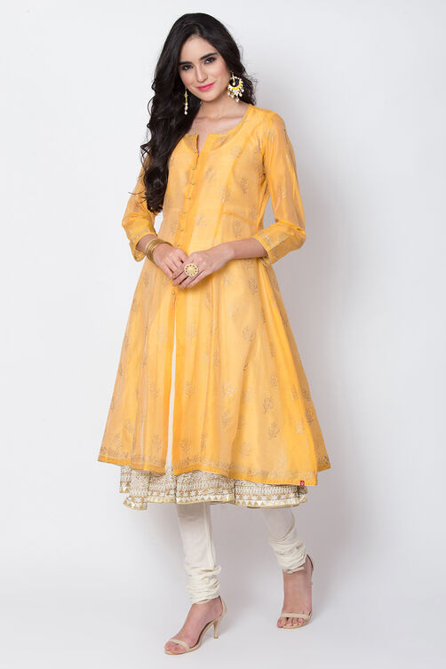 Yellow Poly Cotton Front Open Kurta Churidar Suit Set image number 2