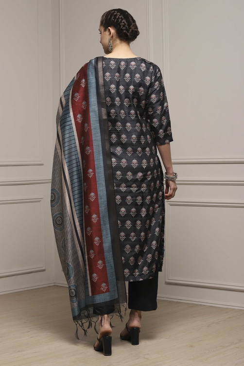 Black Silk Blend Printed- Embroidered Unstitched Suit Set image number 5