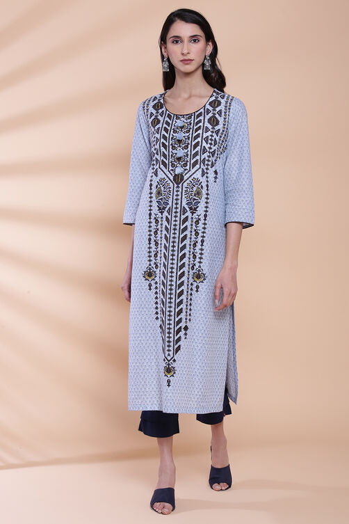 Blue Cotton Straight Printed Kurta image number 0