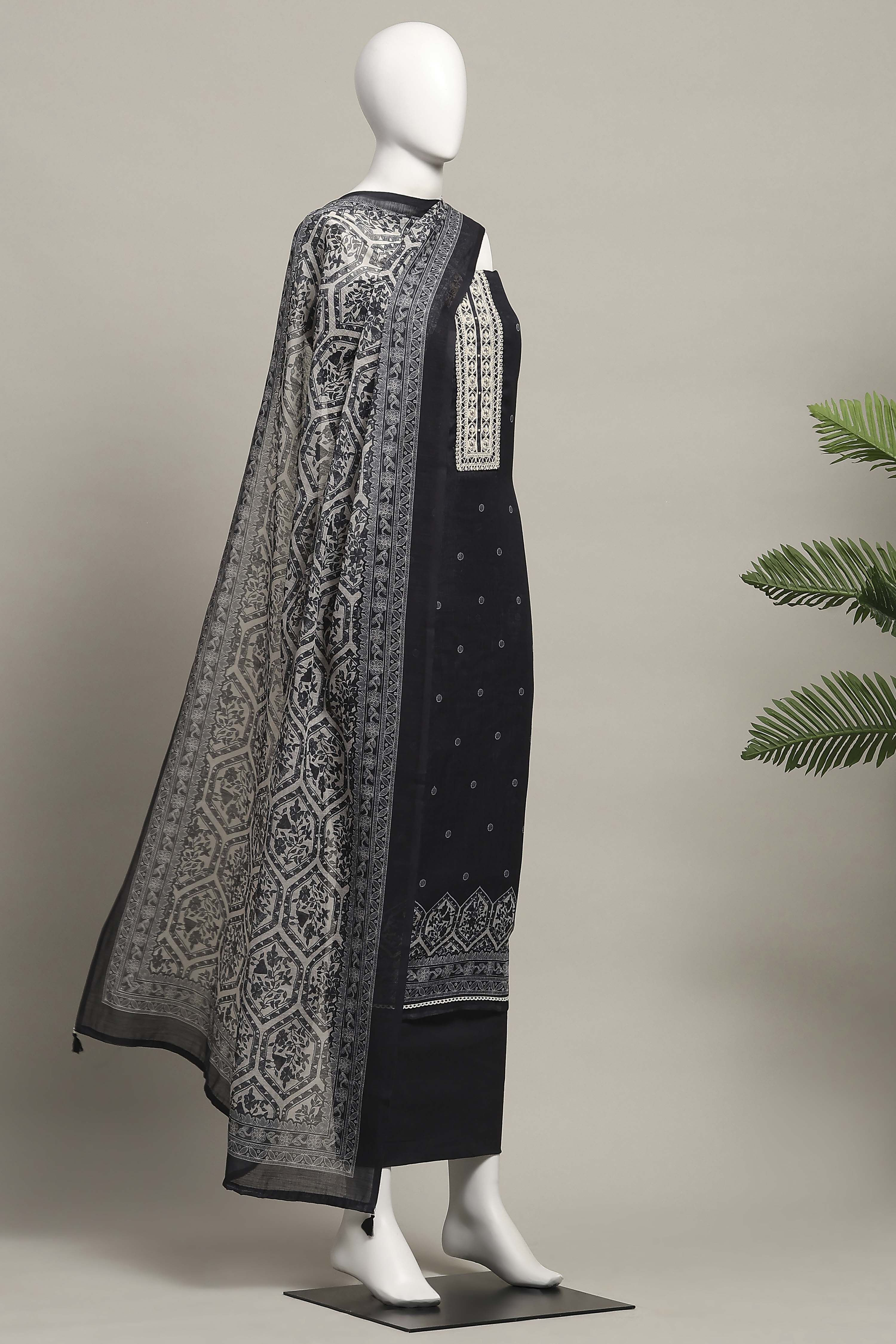 Beige Linen Booti Print Unstitched Suit Set image number 4