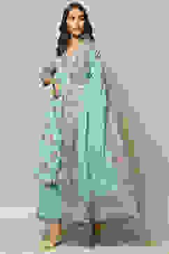 Turquoise Cotton A-Line Kurta Palazzo Suit Set image number 6