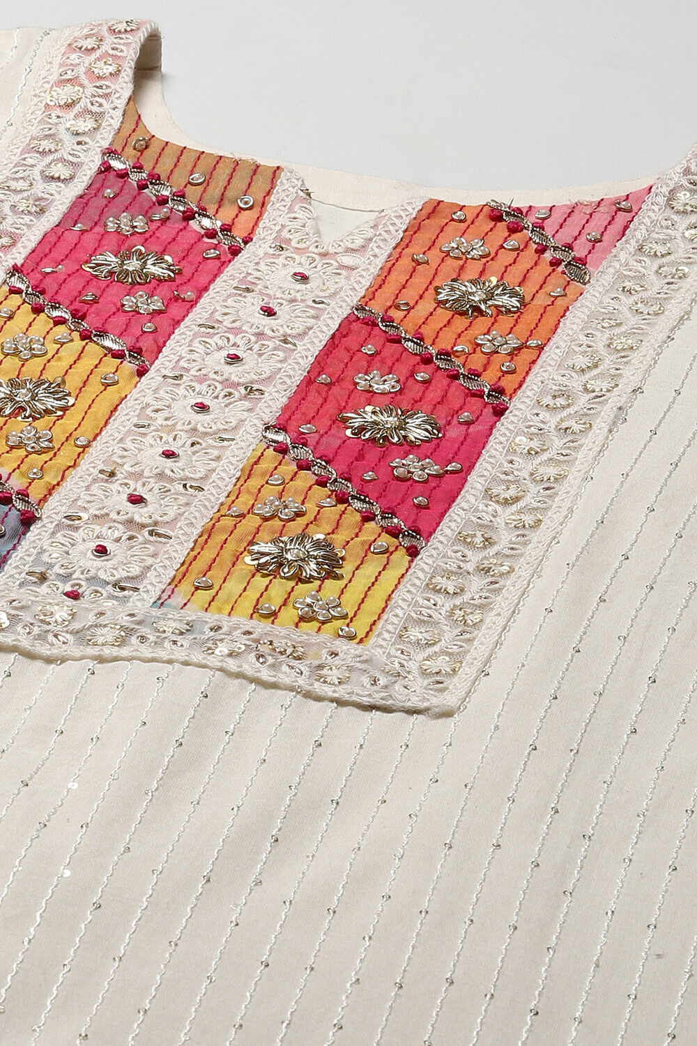 Off White Cotton Schiffly Unstitched Suit Set image number 2