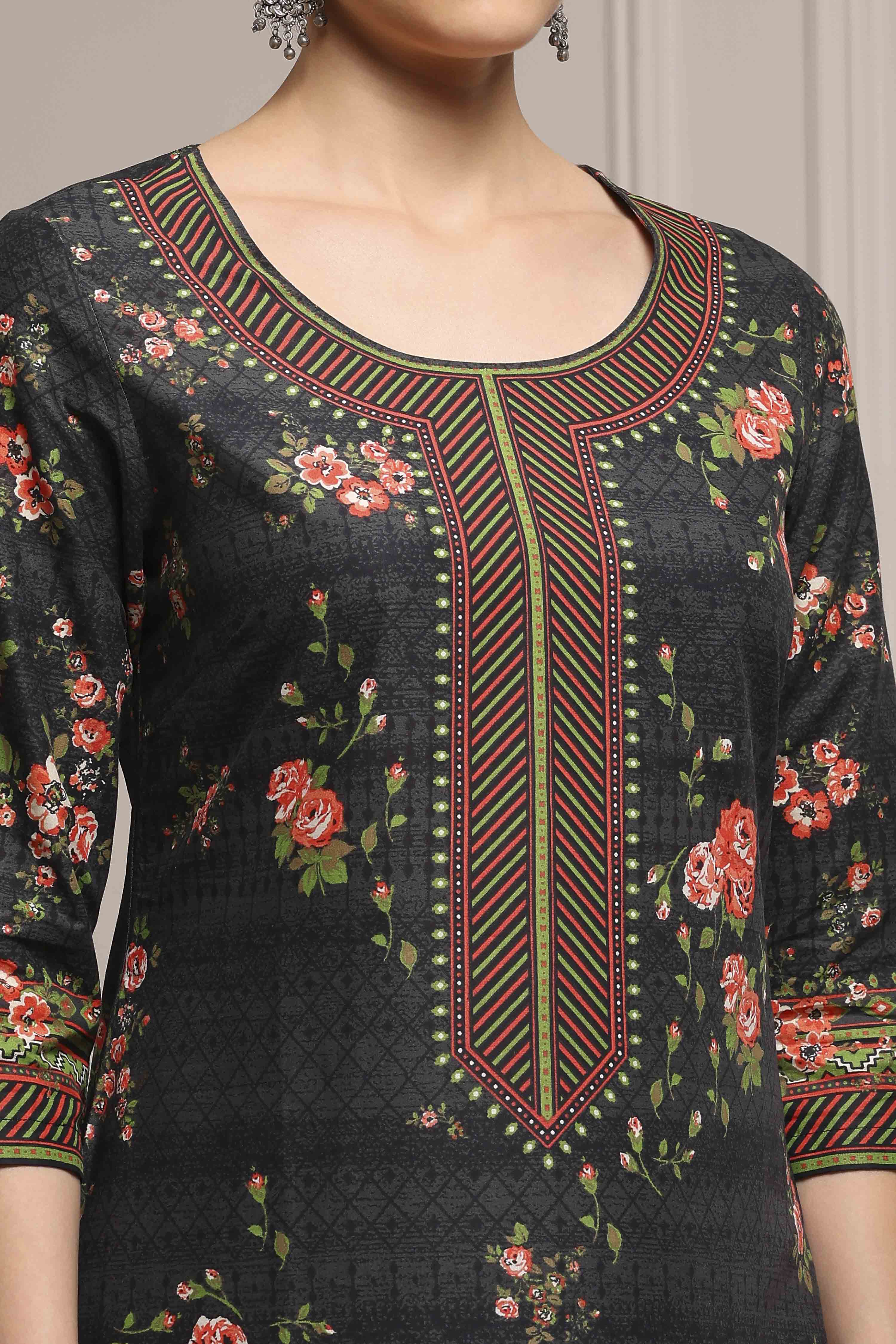 Black Cotton Floral Printed Straight Kurta image number 1