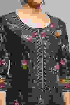 Black Cotton Floral Printed Straight Kurta image number 1