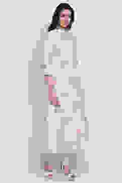 Off White Poly Cotton Flared Kurta Churidar Suit Set image number 4