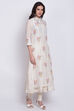 Off White Poly Cotton Flared Kurta Churidar Suit Set image number 4