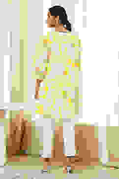 Lime and White Cotton Relaxed Short Kurta image number 3