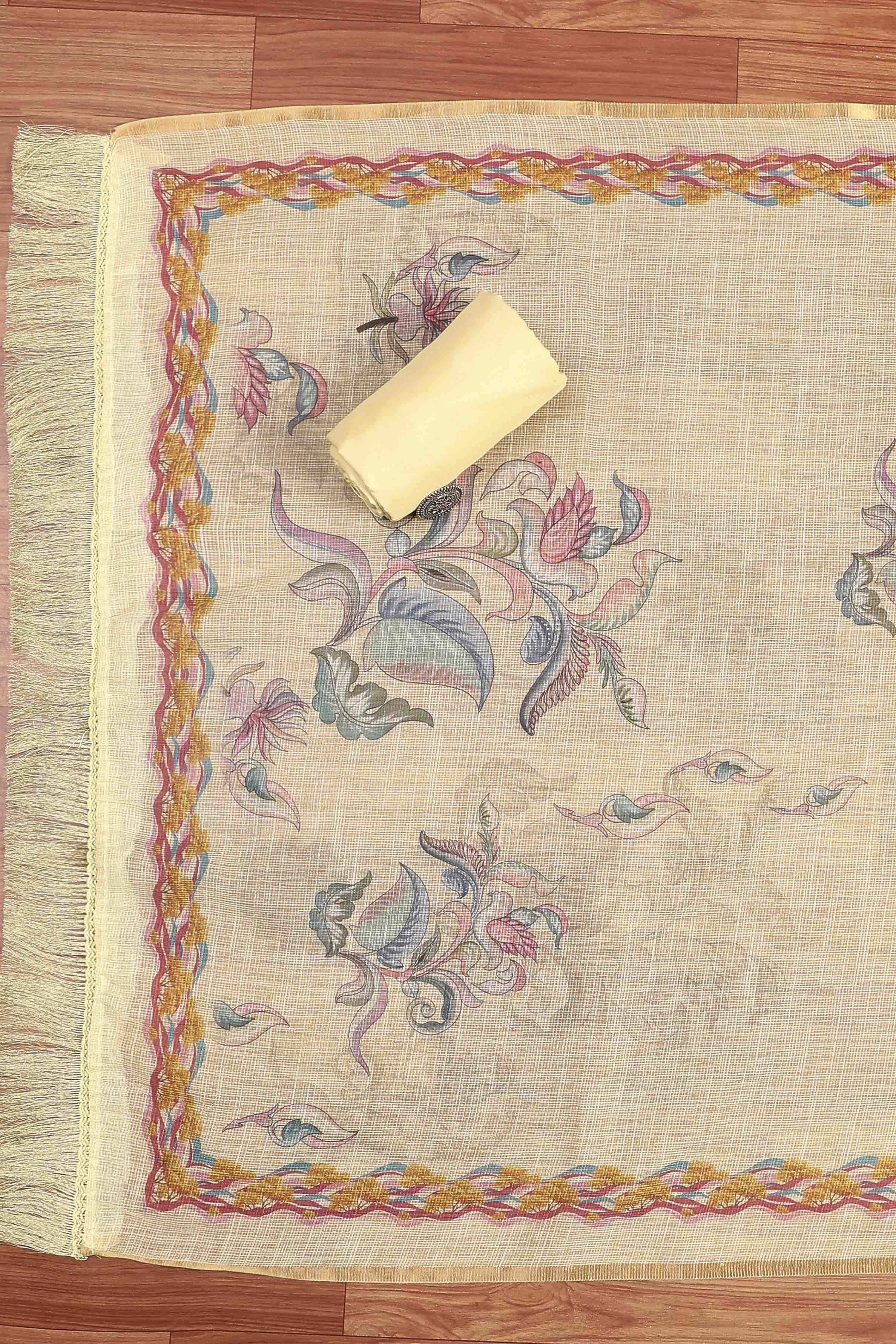 Yellow Kota Cotton Floral Unstitched Suit Set image number 3
