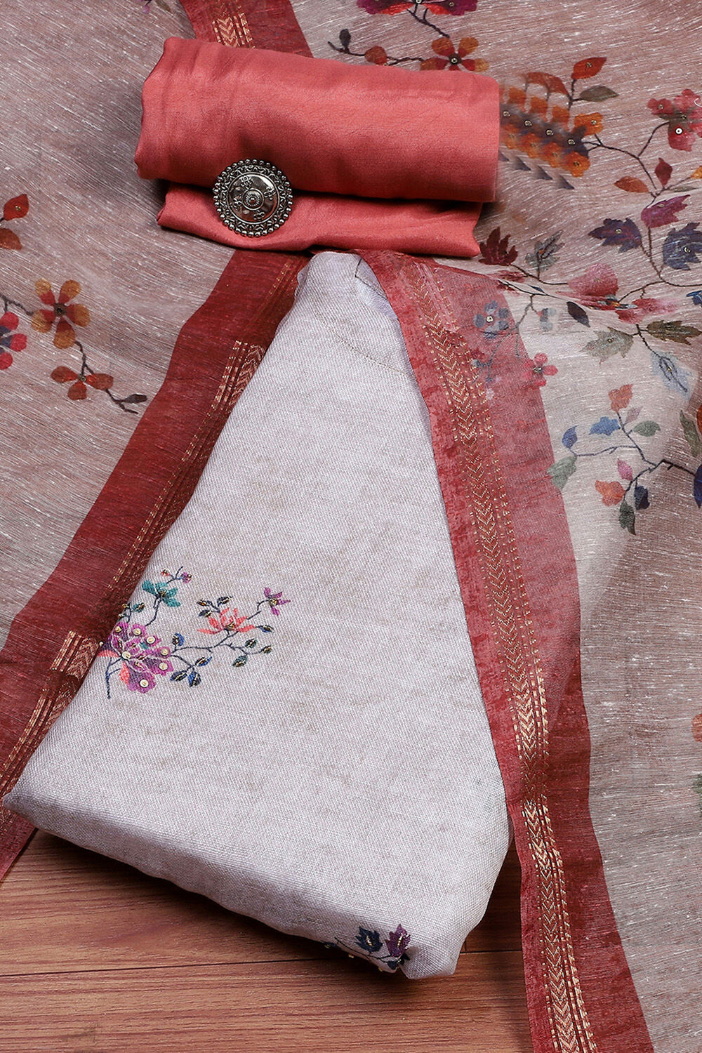 Rust Linen Printed Unstitched Suit Set image number 0