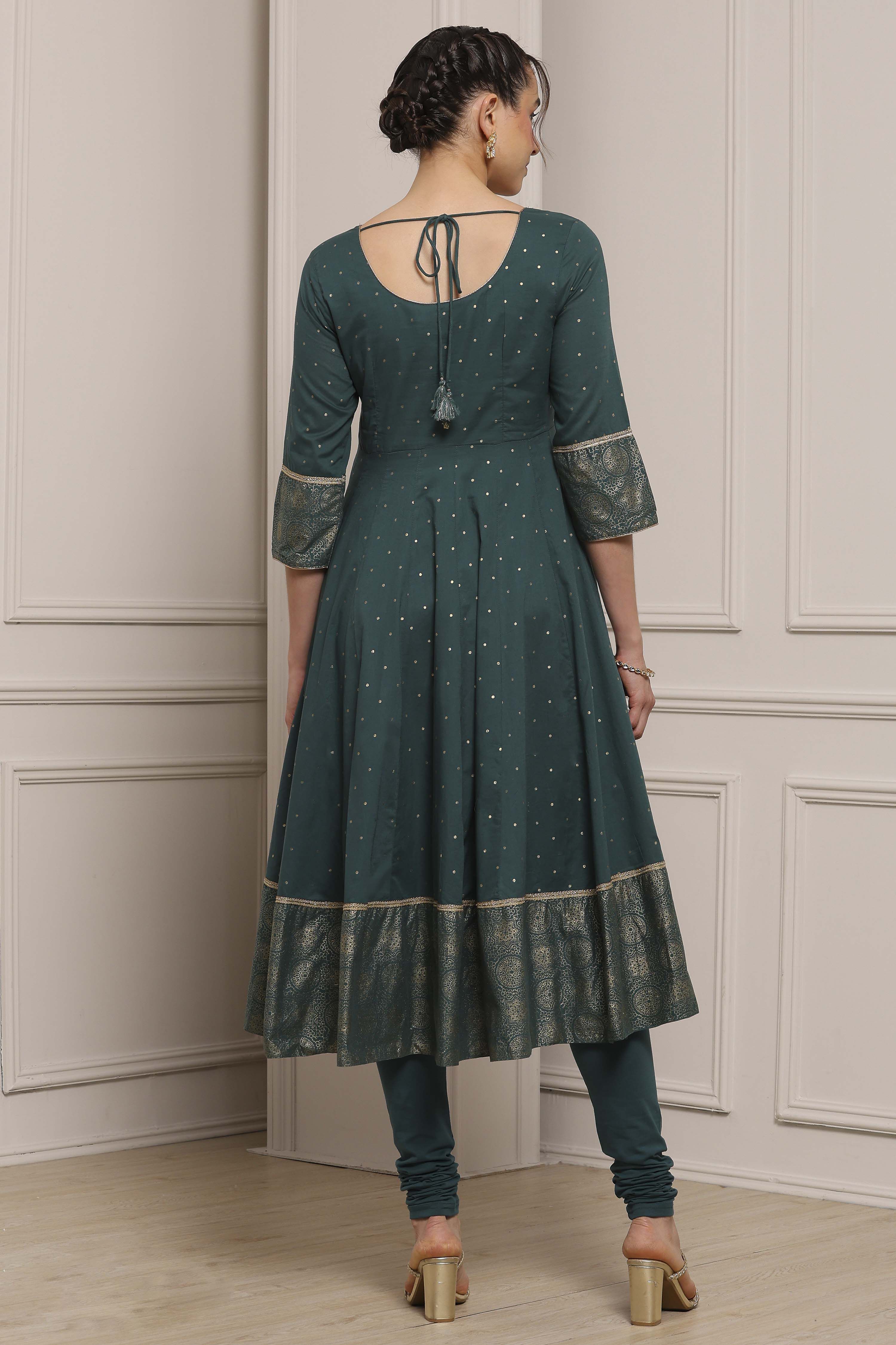 Teal Cotton Printed Anarkali Suit Set image number 4