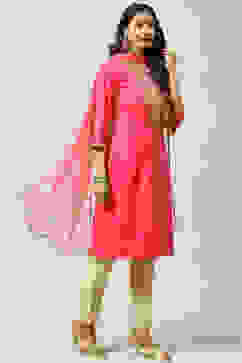 Fuschia Cotton Straight Kurta Pant Suit Set image number 6