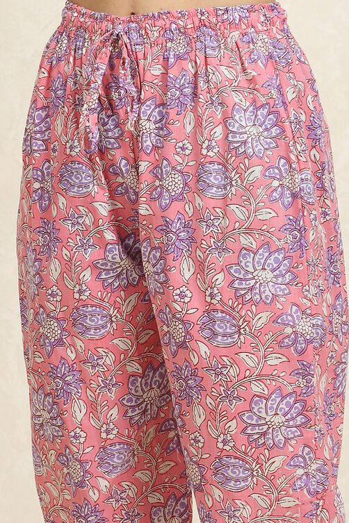 White and Pink Cotton Floral Hand Block Unstitched Suit Set image number 3