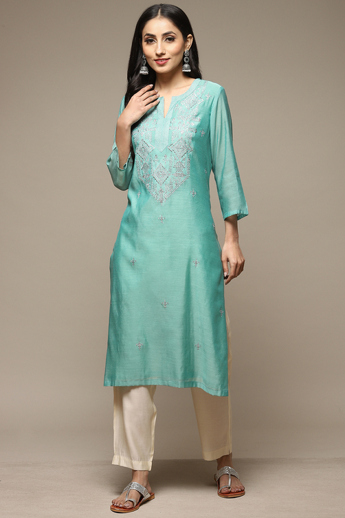 Blue Cotton Blend Straight Yarndyed Kurta image number 0