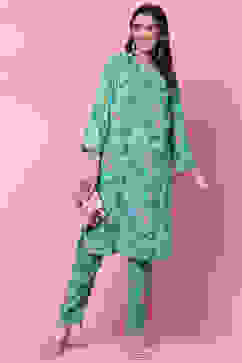 Sea Green LIVA Straight Kurta Relaxed Pant Suit Set image number 5