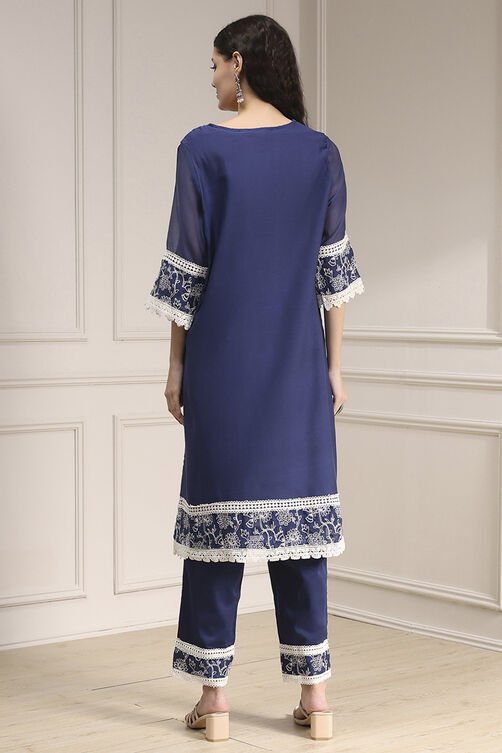 Blue Chanderi Embroidered Straight Suit Set image number 4