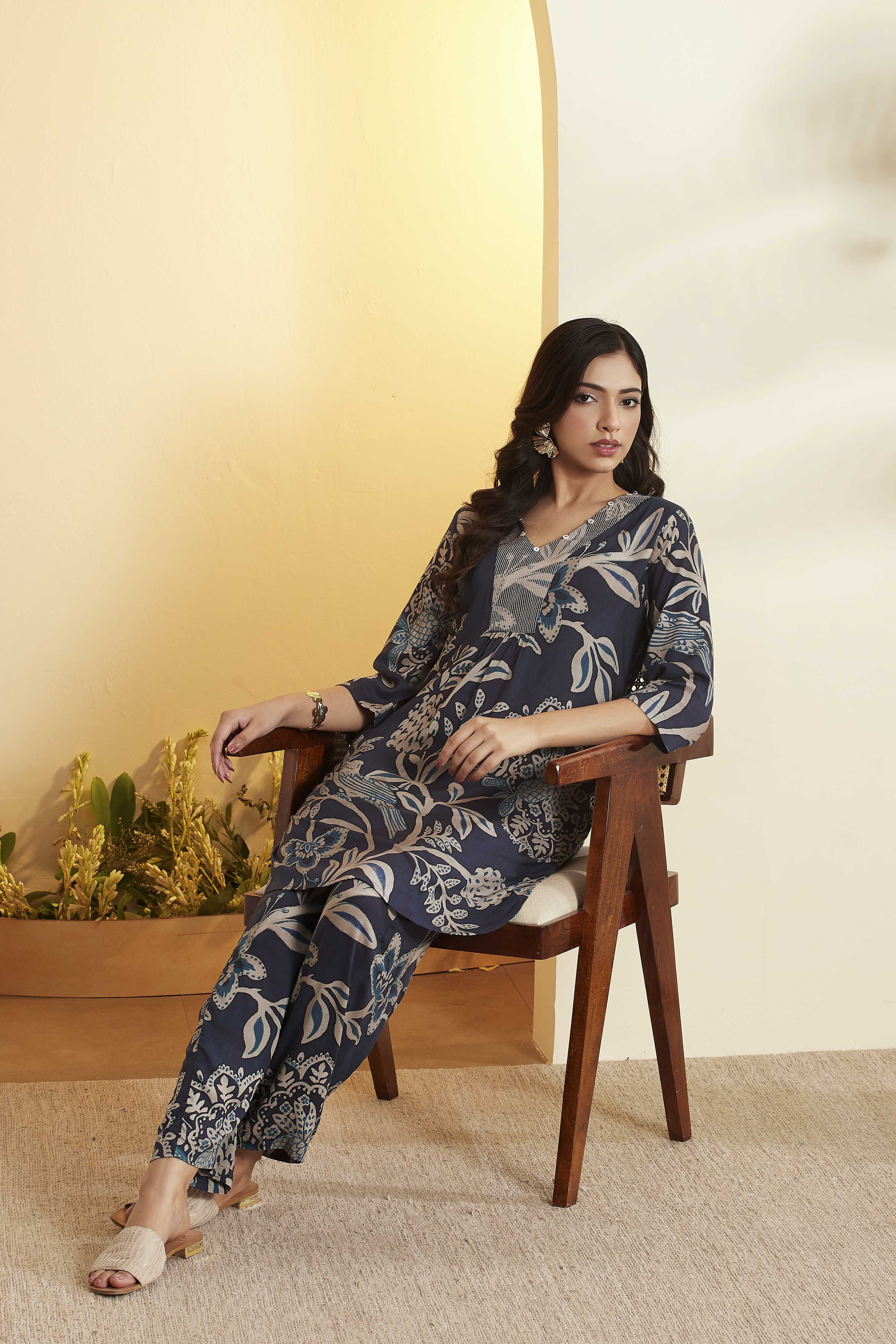 BIBA Viscose Printed Straight Semi-Formal Kurta With Palazzo in Blue