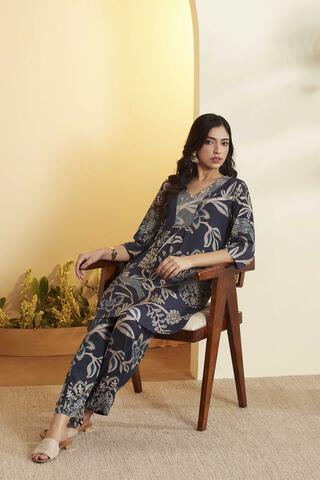 BIBA Viscose Printed Straight Semi-Formal Kurta With Palazzo in Blue