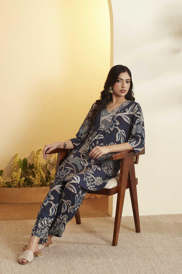 BIBA Viscose Printed Straight Semi-Formal Kurta With Palazzo in Blue