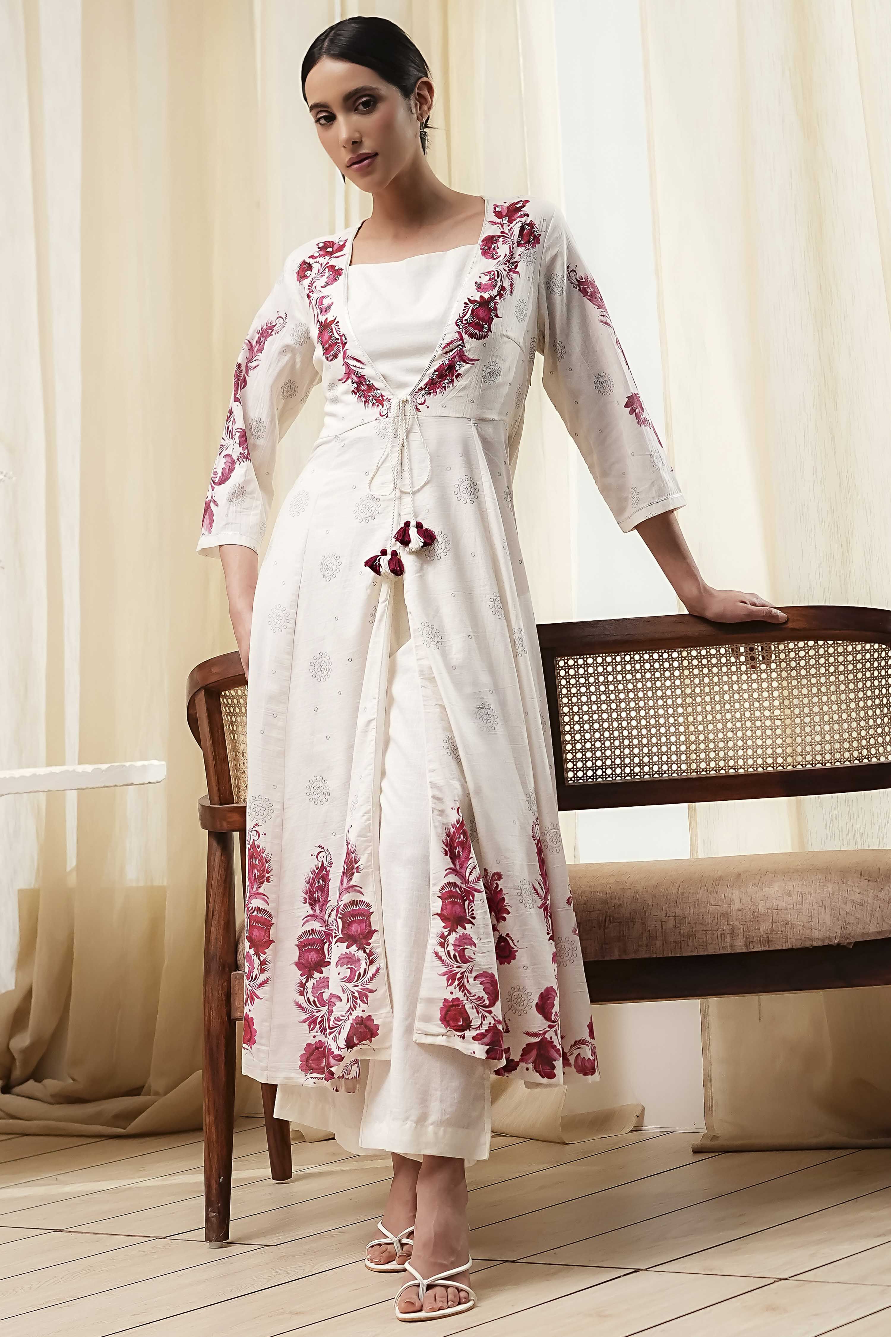 Off-White and Red Anarkali Fusion Set image number 0