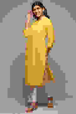 Yellow Cotton Straight Kurta image number 2
