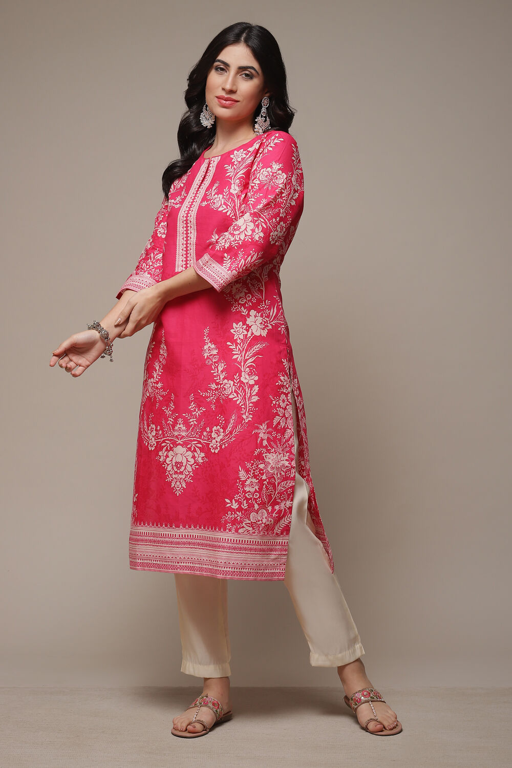Pink Cotton Straight Printed Kurta image number 0